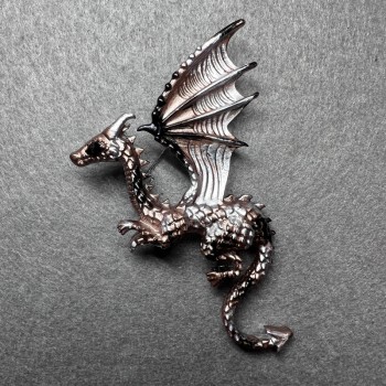 Dragon Brooch matte bronze and black enamel, silver-toned metal 42x66 mm