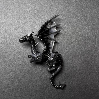 Dragon Brooch, gray and black enamel, silver-tone metal, 42x66 mm