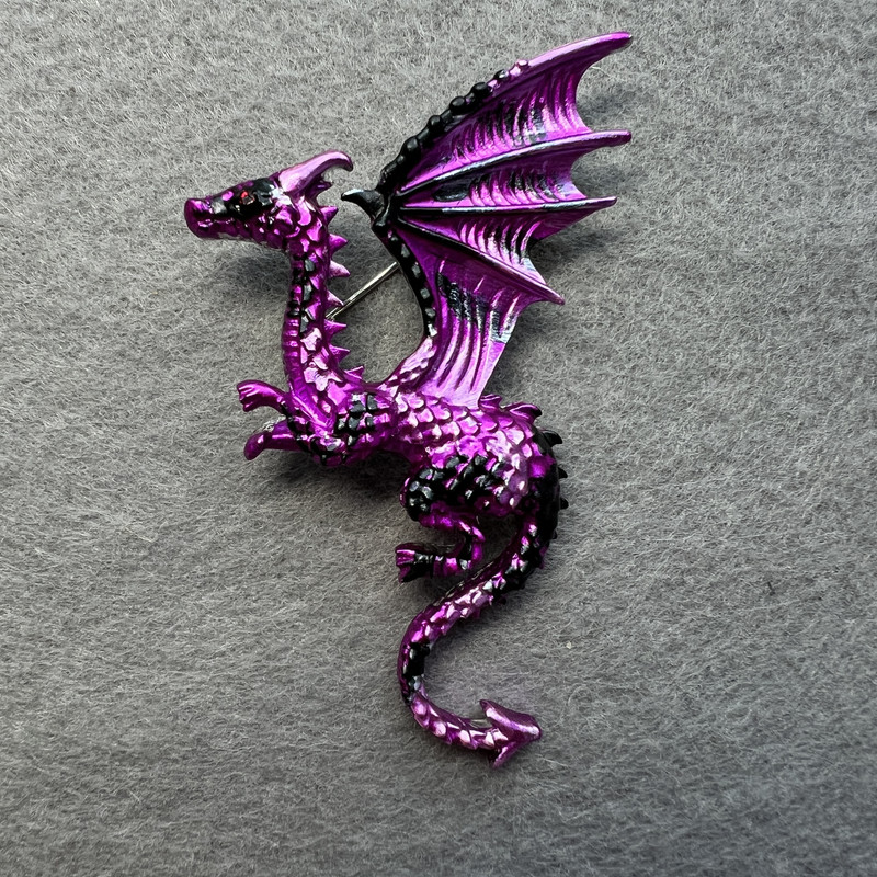 Brooch Dragon matte raspberry and black enamel silver-toned metal 42x66mm