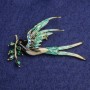 Beige and Green Enamel Swallow Brooch with Twig, Green Crystals, Blue Rhinestones, Gold-Tone Metal 62×48mm