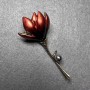 Magnolia Flower Brooch, red enamel, black crystals, gray bead, gold-tone metal 29×65 mm