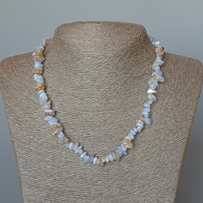 Blue Agate Necklace (Blue Chalcedony, Saphirine) Natural Stone Chips, diameter 9x3 mm, length 47 cm ±