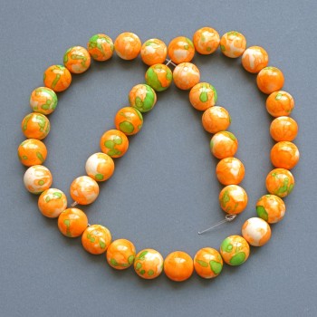 Beads 'Variscite' (synthetic acrylic) green, orange and white smooth round beads, 10 mm diameter, 39 cm long ± on thread