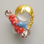 Brooch 'Girl with a Candy' with White Cat's Eye, red and blue enamel, chameleon crystals, silvery metal 25x30mm