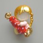 Brooch 'Girl with Candy' with white cat's eye, red and pink enamel, chameleon rhinestones, gold-toned metal 25x30mm