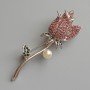 Rose brooch-pendant with pink and green rhinestones, white bead, silver-tone metal 24x71 mm