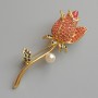 Rose brooch-pendant with raspberry red rhinestones, white bead, gold-tone metal 24x71 mm