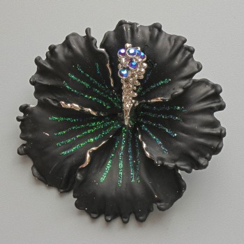 Petunia Flower Brooch-Pendant with Black Matte Enamel, Blue Crystals, Green Glitter, Silver-Tone Metal 51x51mm
