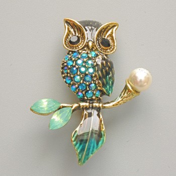 Brooch-pendant Owl blue and black enamel, blue and green crystals, white bead, gold-tone metal 31x38mm