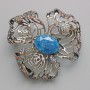 Flower Brooch Pendant with Blue Aquarium Effect, Multicolor Rhinestones, Gold-Tone Metal 51x51mm