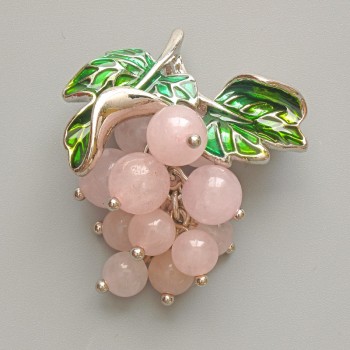 Grapes brooch-pendant with beads, Rose Quartz, green enamel, silver-tone metal 35x45mm