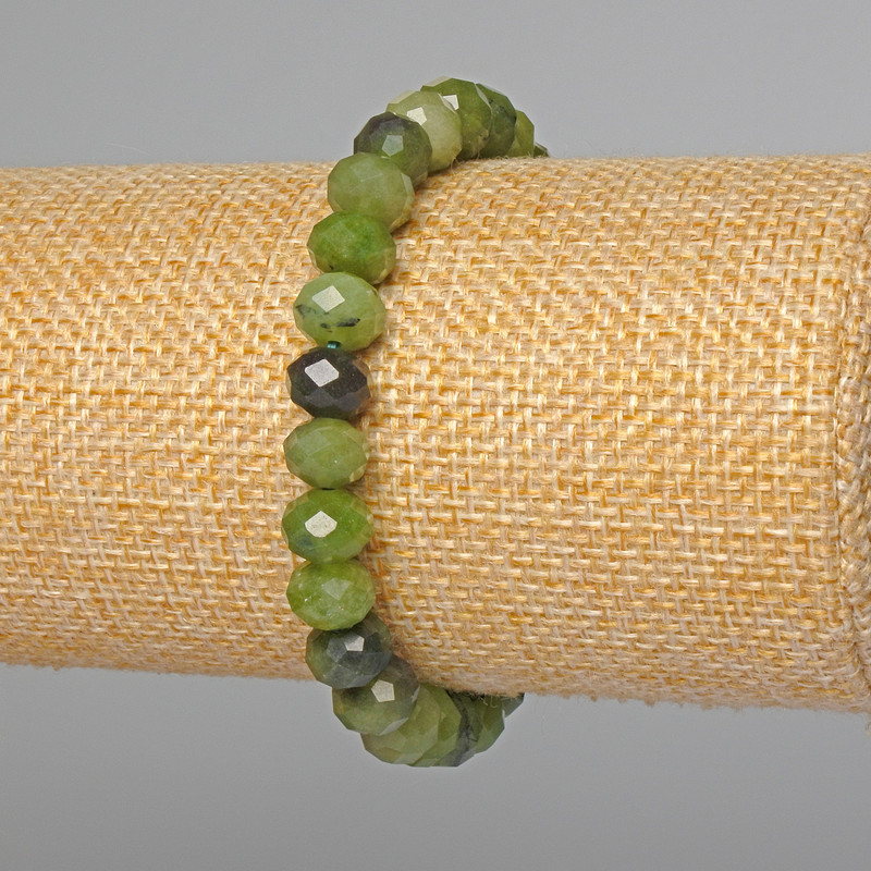 Jadeite Bracelet with Natural Gemstone, Faceted Rondels, Diameter 8×6.5 mm, Length 18 cm +/- (Stretch)