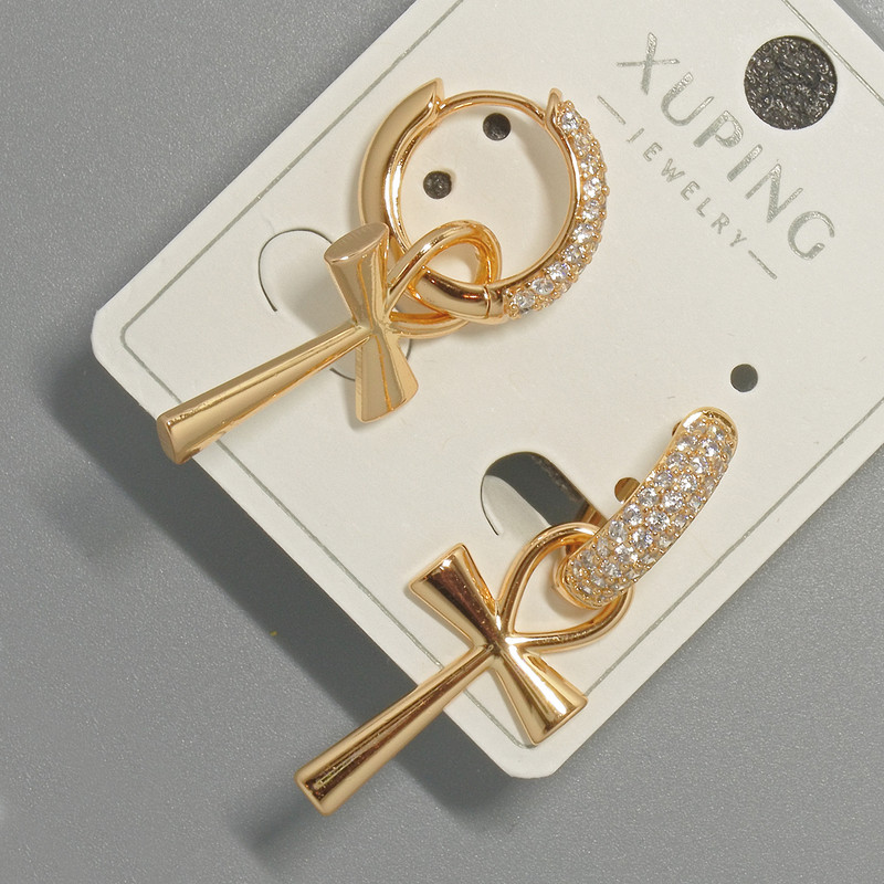 Earrings 'Cross' Xuping with white crystals, diameter 13×25 mm, length 34 mm, 18K gold plating