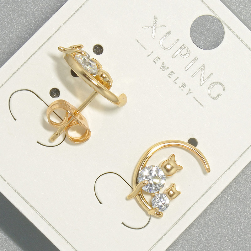 Stud Earrings 'Kittens' Xuping with White Crystals, 10×14 mm Diameter, 18K Gold Plating