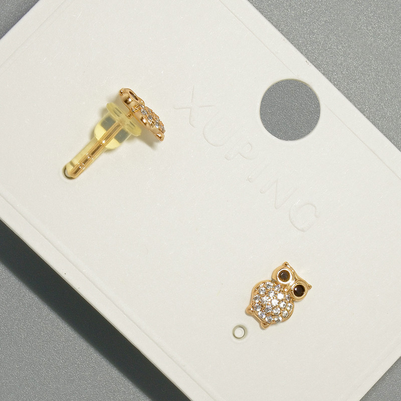 Owl Stud Earrings by Xuping with White and Black Crystals, 6.5×9 mm Diameter, 18K Gold Plating