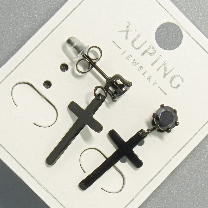 Stud Earrings 'Cross' Xuping, Black with a Black Crystal, diameter 10×18 mm, length 24.5 mm+