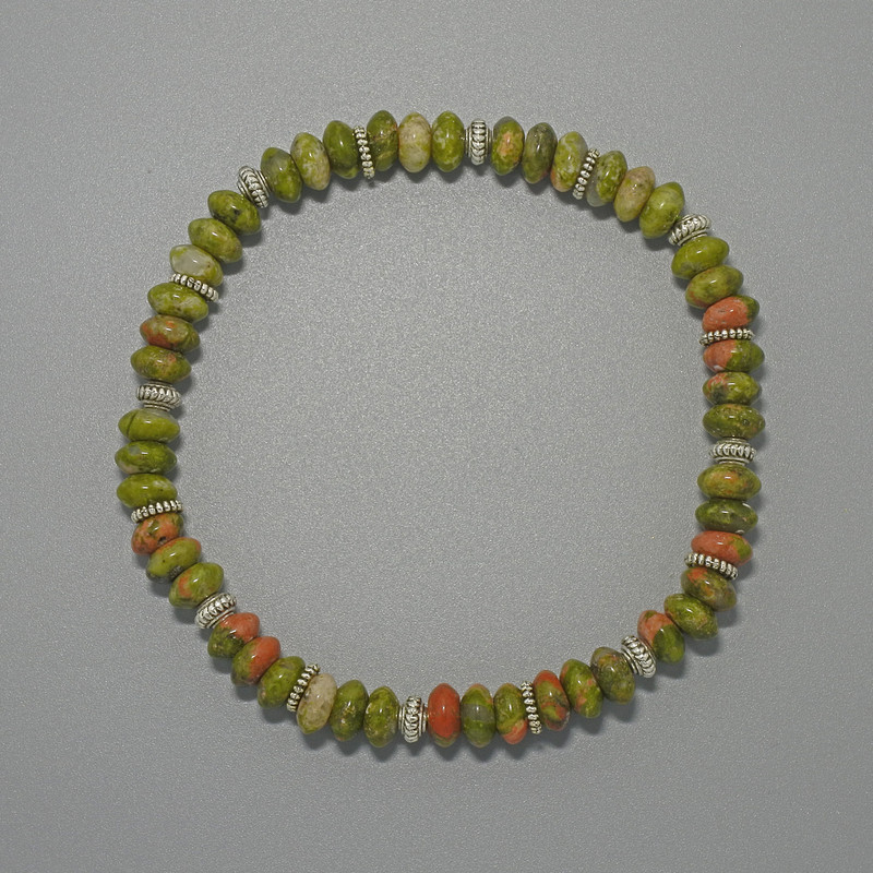 Jasper Heliotrope Bracelet, natural smooth rondel beads, diameter 6.5x3 mm, length 18 cm (stretch) with metal inserts