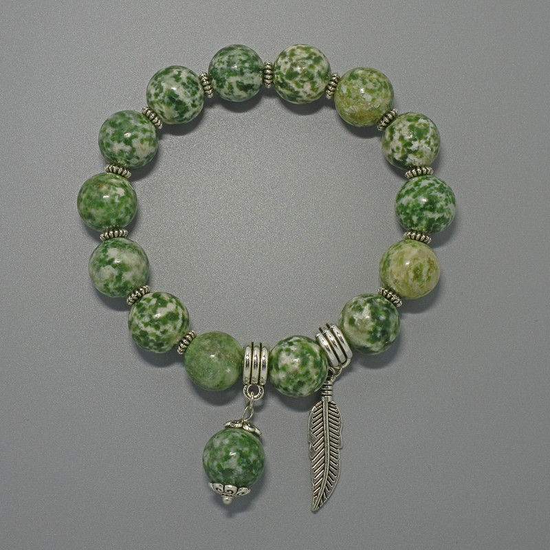 Moss Agate Bracelet (artificial) Smooth Beads, 12.5 mm Diameter, 18 cm Length, Stretch with Metal Inserts