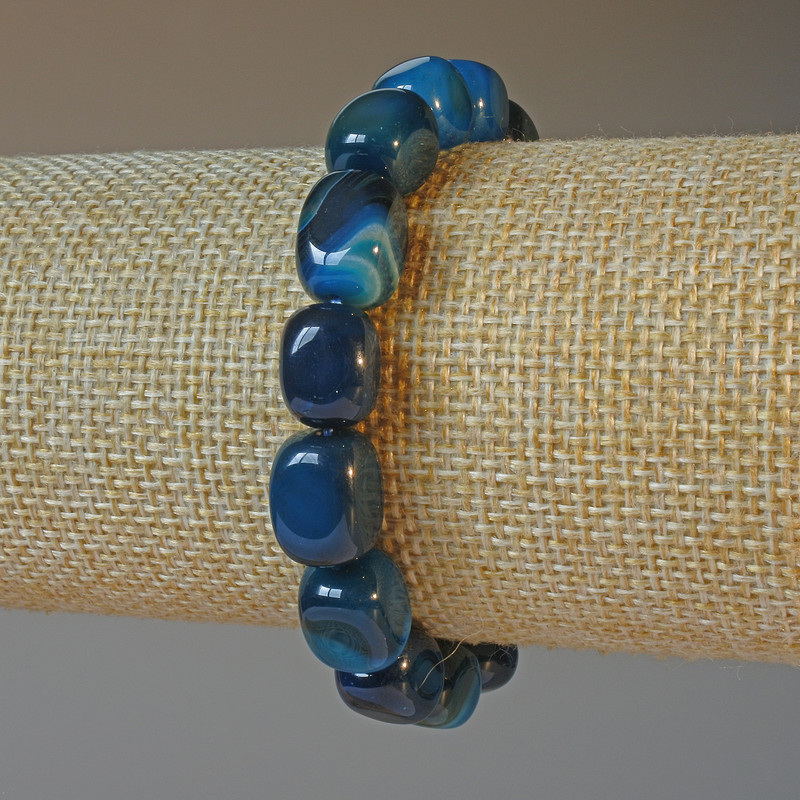 Blue Agate Bracelet with Natural Stone Bars, 9x12 mm, Length 18 cm, Stretch