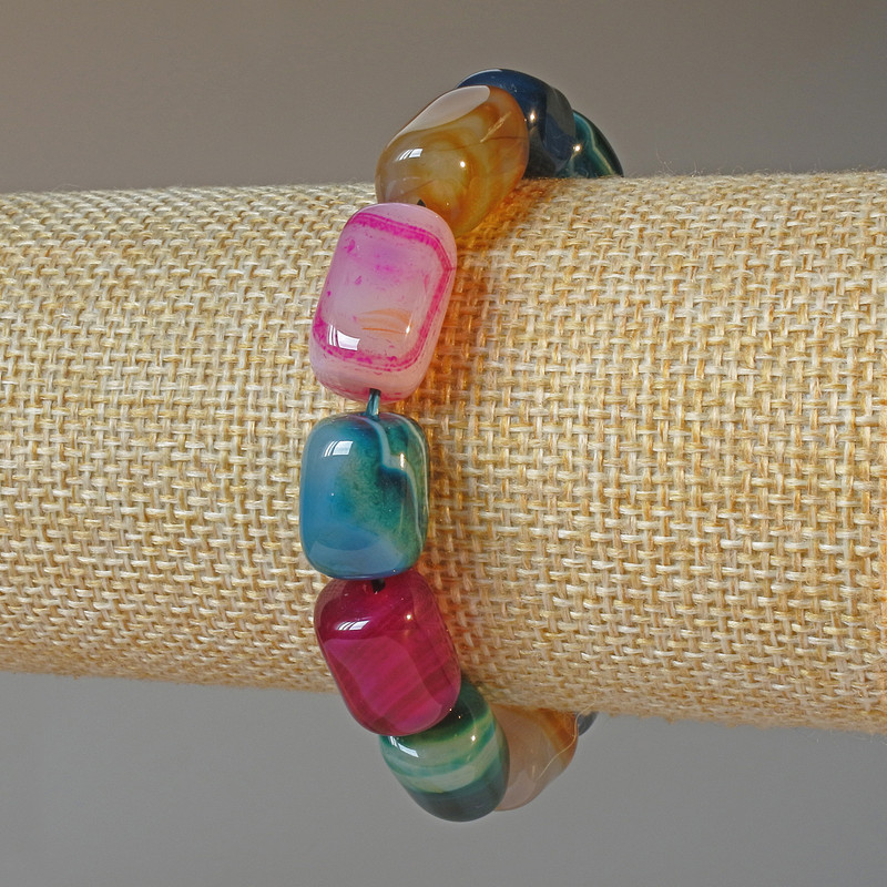 Bracelet, Assorted Agate, Natural Stone Beads, 11×15 mm, 18 cm Long (Stretch)
