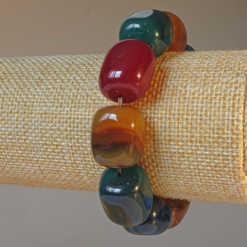 Bracelet with Assorted Agate natural stone blocks, 15×19 mm, length 18 cm (stretch)