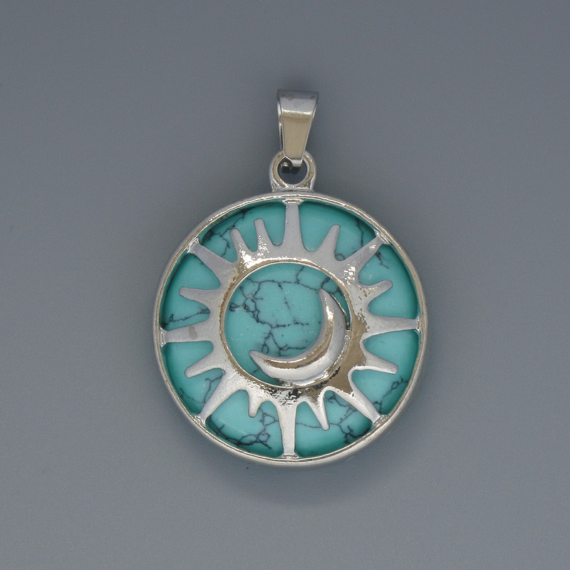 Sun Turquoise Pendant, 27mm diameter ±, 37mm length ±, in a silver-tone setting