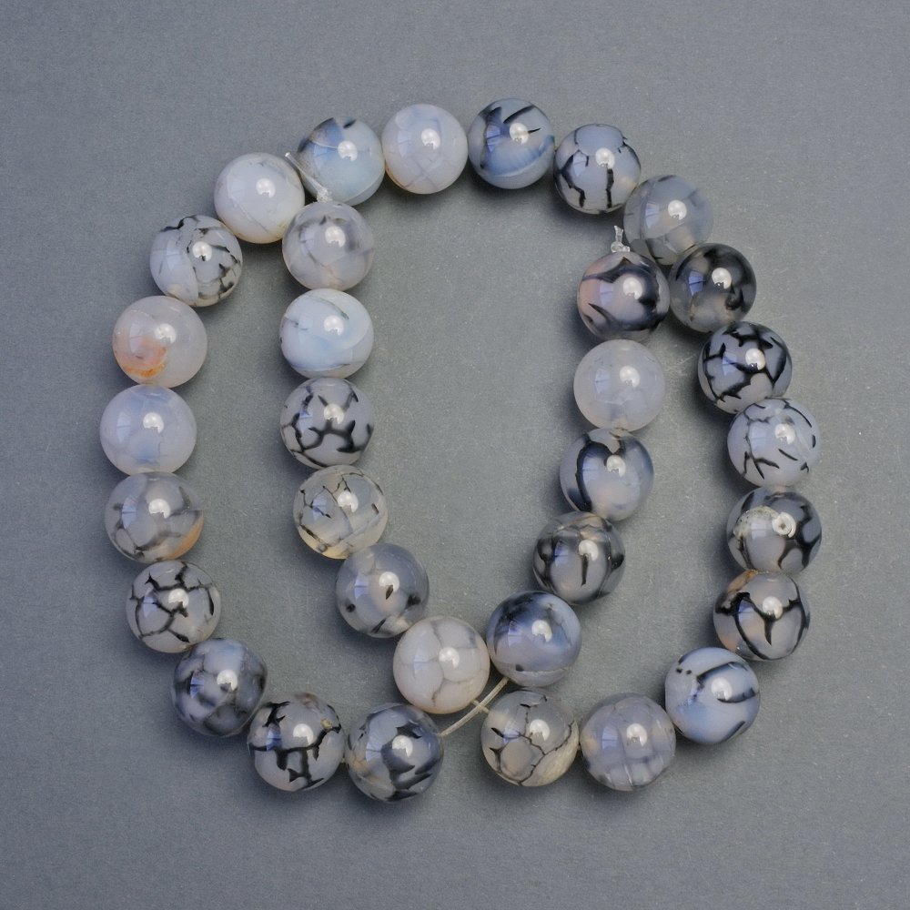 Agate Dragon Veins beads, smooth round, 12 mm diameter, 39 cm length ± on thread