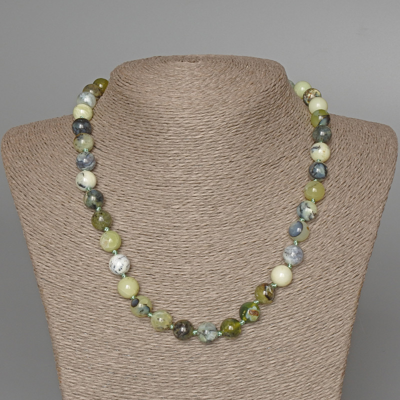 Green Opal Necklace, natural stone, smooth beads, diameter 10 mm, length 47 cm