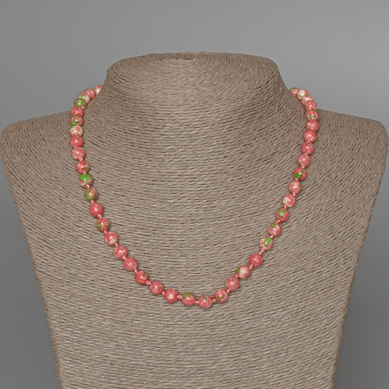 Necklace 'Variscite' (artificial acrylic) pink, white and green colors, smooth beads, diameter 6.5 mm, length 48 cm.