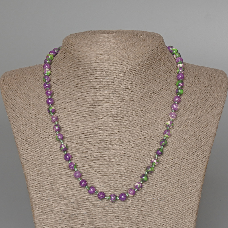 Necklace 'Variscite' (Acrylic Beads) Purple, White, and Green, Smooth Beads, 6.5 mm Diameter, 47 cm Length
