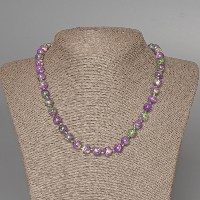 Necklace 'Variscite' (artificial acrylic) purple, white, and green colors, smooth bead, diameter 8.5 mm, length 47 cm