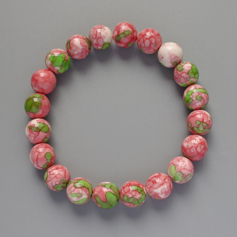 Bracelet 'Variscite' (synthetic acrylic) pink, white, and green colors, smooth beads, 10 mm diameter, 18 cm length, stretch
