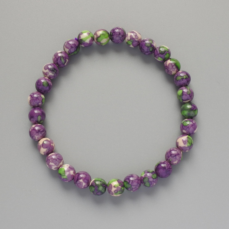 Bracelet "Variscite" (artificial acrylic) purple, white, and green colors, smooth bead, 6.5 mm diameter, length 18 cm +/- (stretch)
