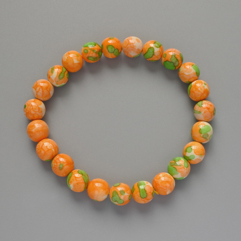 Bracelet 'Variscite' (synthetic acrylic) green, orange, and white colors, smooth beads, diameter 8.5 mm, length 18 cm, stretch