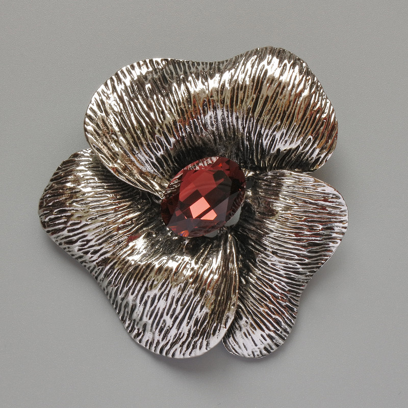 Flower Brooch Pendant with Red Crystal, Silver-Tone Metal, 55 x 63 mm