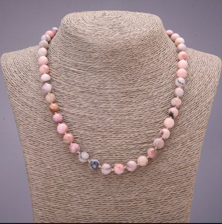 Pink Opal Necklace with natural stone, smooth bead, diameter 8.5 mm, length 49 cm