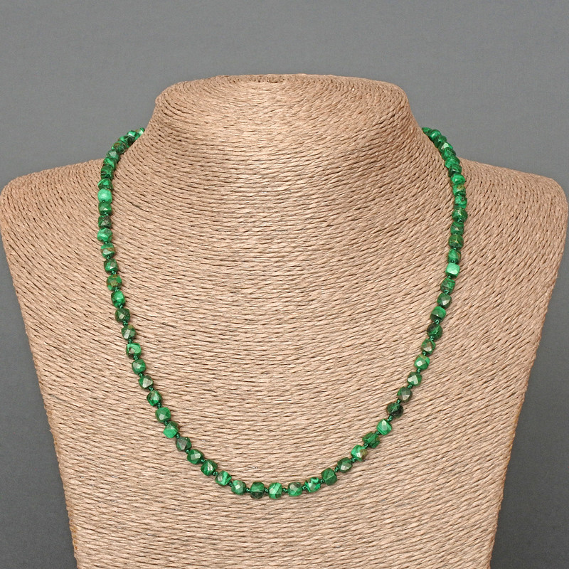 Malachite necklace, natural stone, faceted cube beads, diameter 4.5 mm+-, length 50 cm+