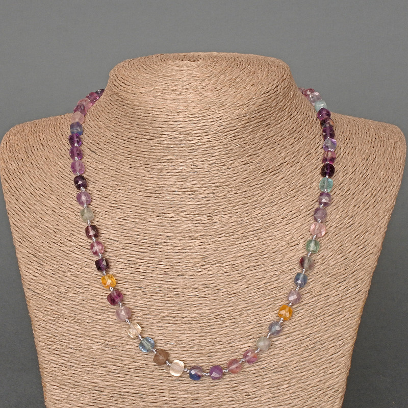 Clearance! Necklace of natural fluorite with faceted cube beads, 6 mm diameter, 51 cm length