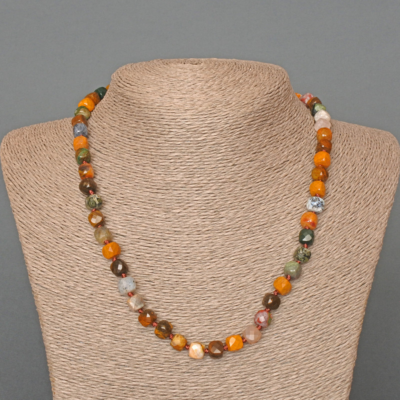 Jasper Necklace, natural stone, faceted cubes, diameter 7.5 mm, length 48 cm