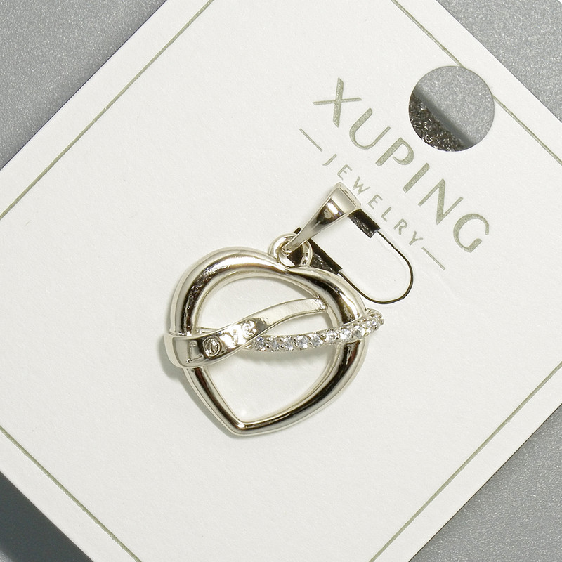 Pendant "Heart" Xuping with white crystals, diameter 16×17 mm, length 23 mm, rhodium-plated