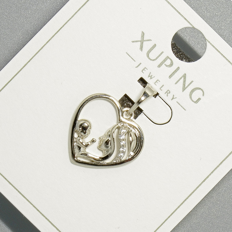 Pendant "Heart" Xuping with white crystals, diameter 15.5×15 mm, length 20 mm, rhodium-plated