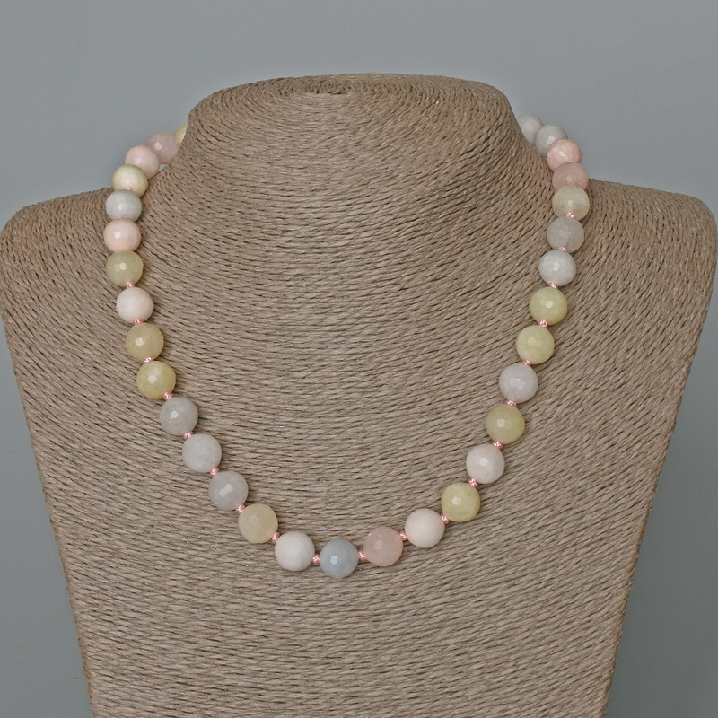 Morganite Necklace with Natural Stone Faceted Beads, 10 mm diameter ±, 47 cm length