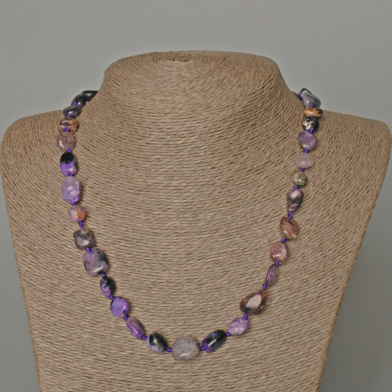 Charoite Necklace, natural stone, faceted beads, diameter 10x12 mm, length 50 cm