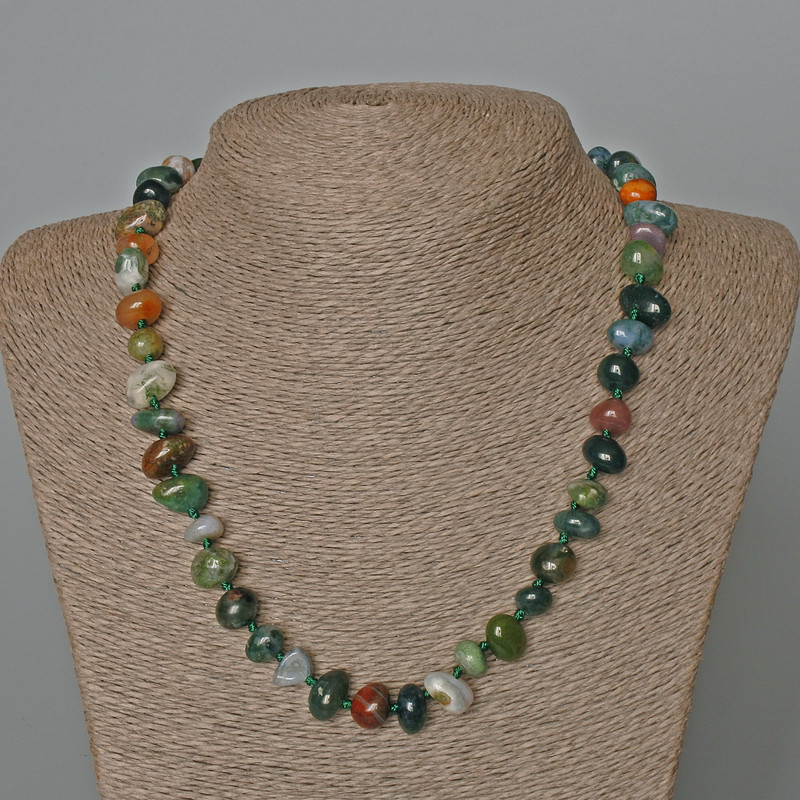 Moss Agate Necklace, natural stone, faceted beads, 12x8 mm diameter, 50 cm length.