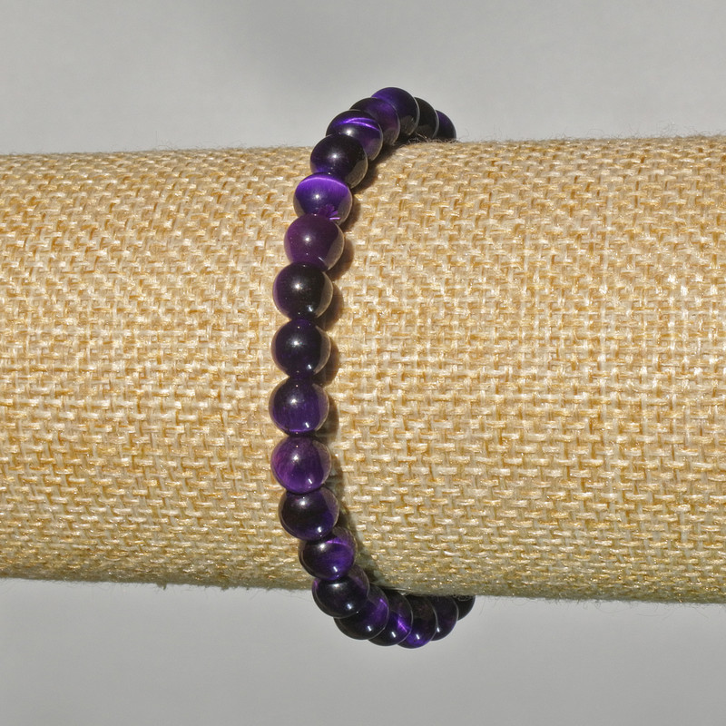 Purple Cat's Eye Bracelet with Natural Stone, Smooth Beads, 6 mm Diameter, 18 cm Length (Stretch)