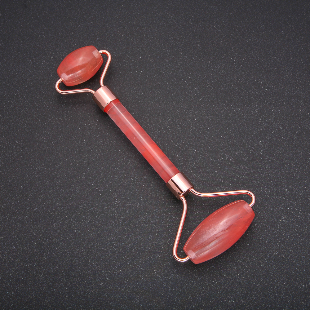 Roller Massager with Chalcedony Stone, Golden Metal, Length 14.5 mm