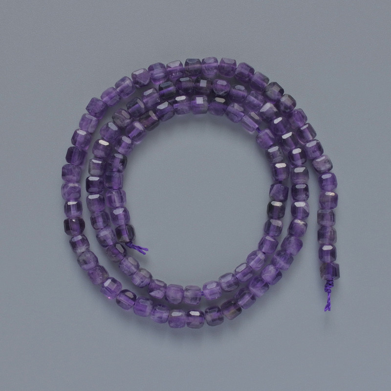 Amethyst beads, natural stone, faceted cube, 4 mm diameter ±, 39 cm length ± on thread