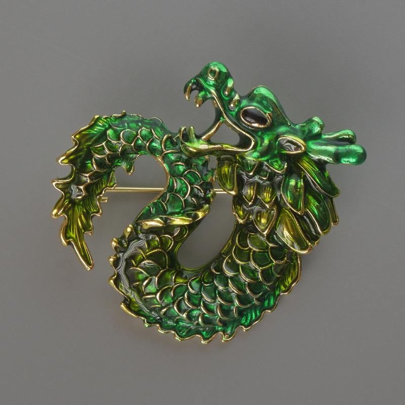 Dragon brooch pendant with green and lime enamel, gold-tone metal 42×42 mm