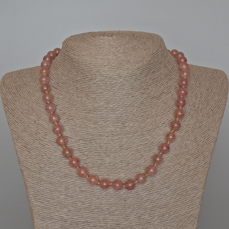 Strawberry Quartz Necklace, Natural Stone Smooth Beads, 8.5 mm Diameter, 47 cm Length