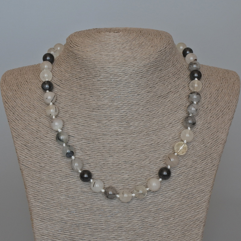 Rutilated Quartz Hair Necklace, Natural Stone, Smooth Bead, 10 mm Diameter, 49 cm Length